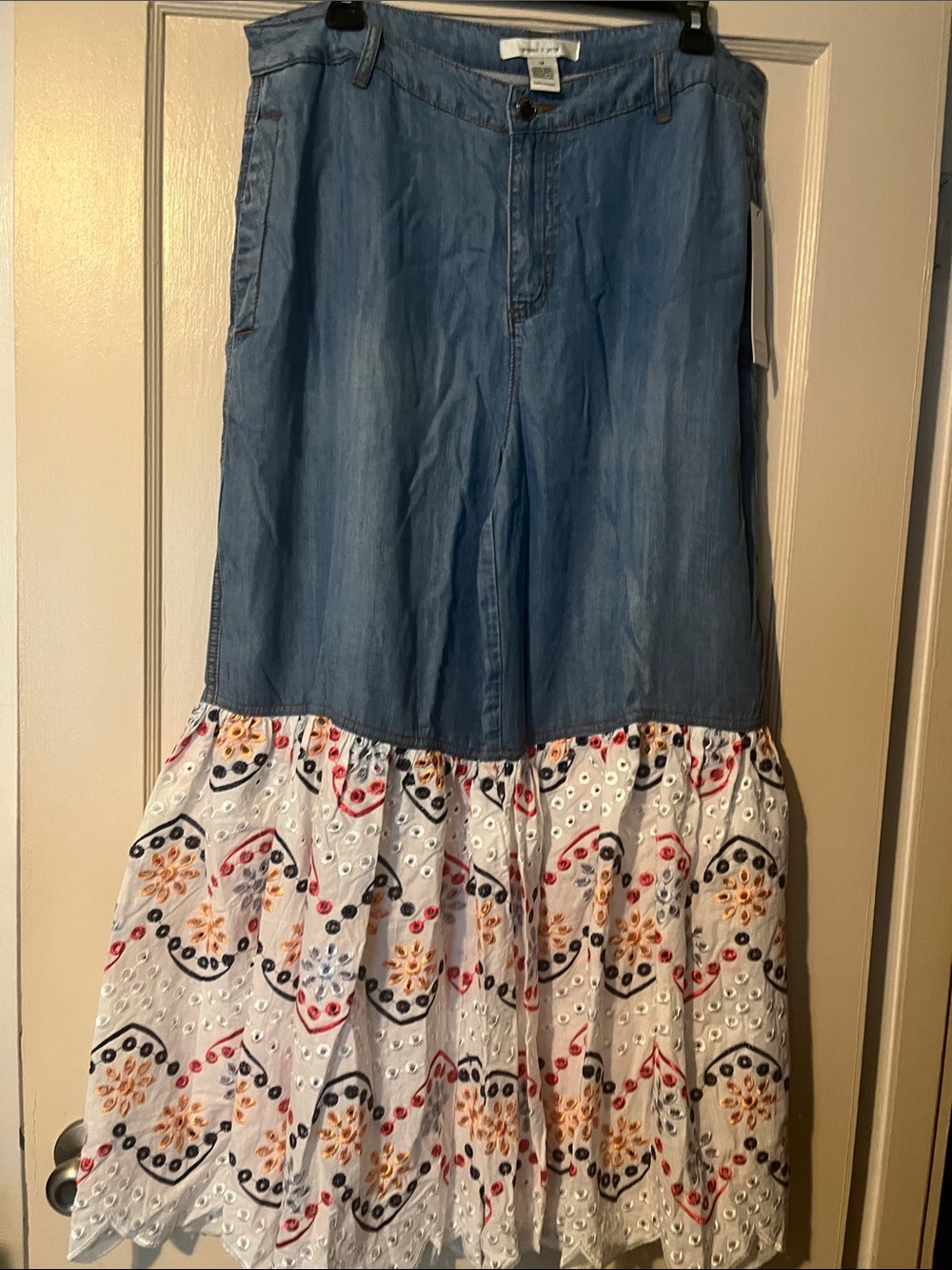 Boho denim wide leg pants